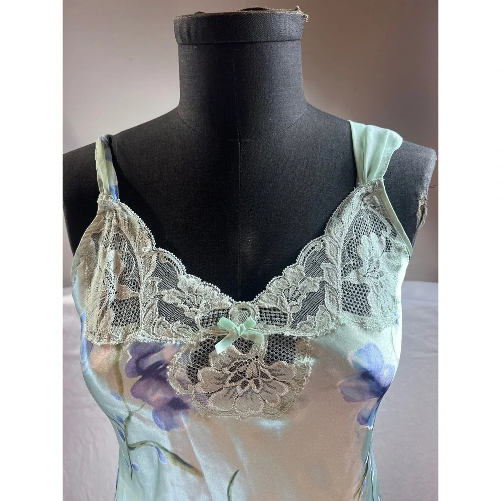 California Dynasty Vintage Floral Satin Lace Trim Nightgown Sage Green Small